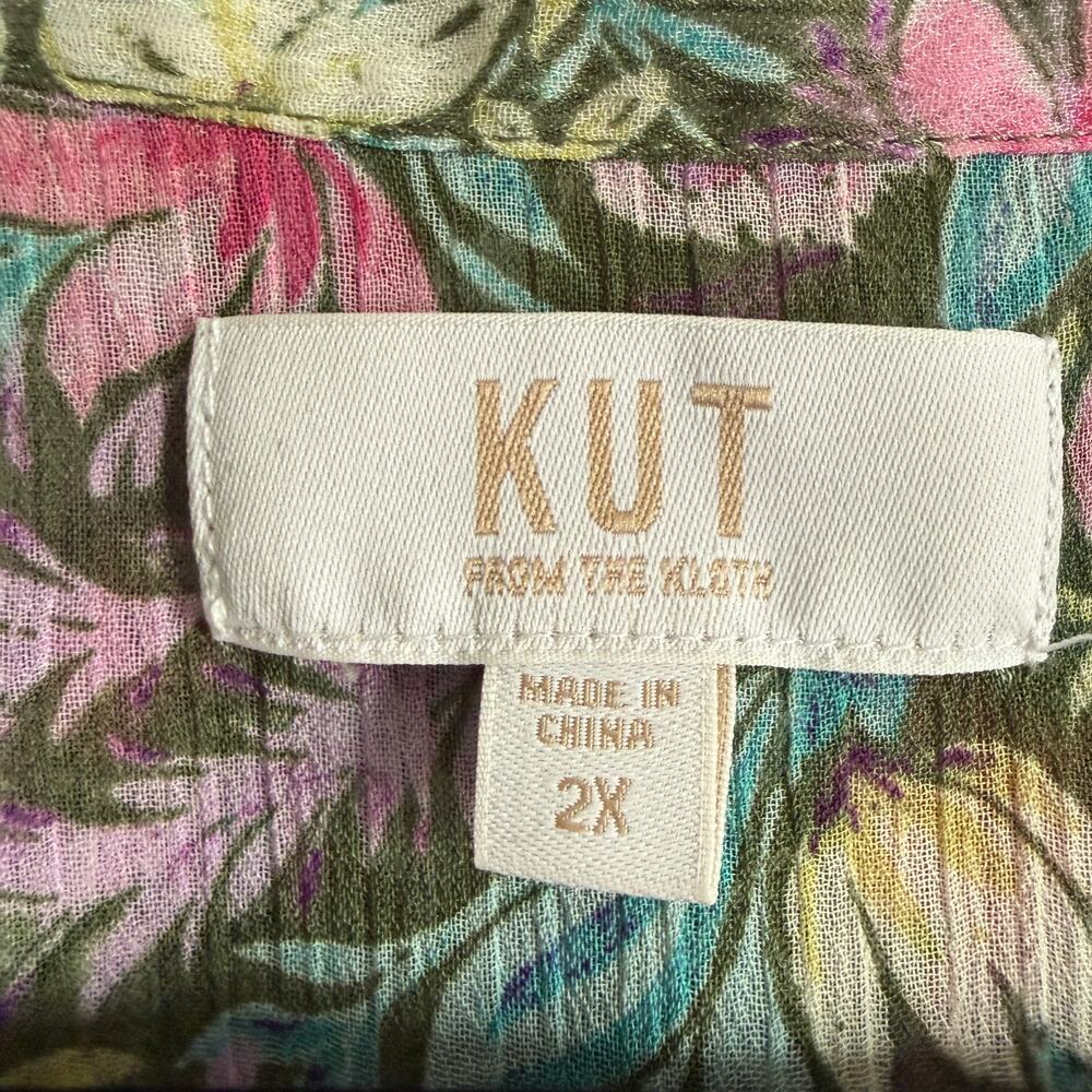 KUT FROM THE KLOTH | Green Floral Crinkle Chiffon Sheer Button down Shirt | 2x - Picture 3 of 6